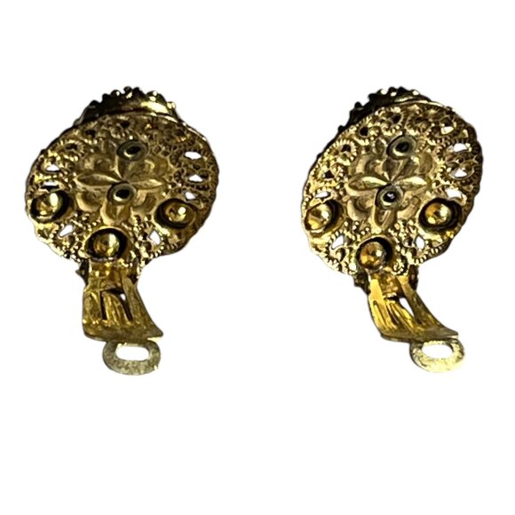 Vintage  WGermany Clip-On Cameo Gold Filigree Faux Pearls Amber earrings - Picture 4 of 6